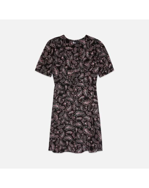 Robe courte imprimée avec boutonnage en soie noire et rouge