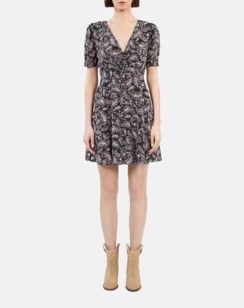 Robe courte imprimée avec boutonnage en soie noire et rouge