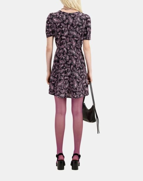 Robe courte imprimée avec boutonnage en soie noire et rouge