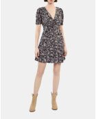 Robe courte imprimée avec boutonnage en soie noire et rouge