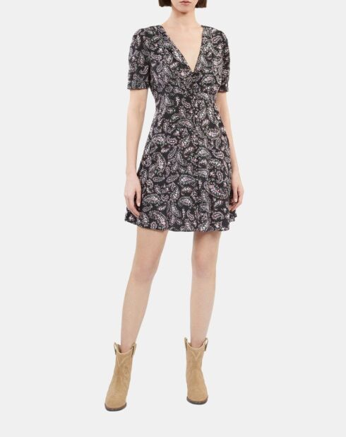 Robe courte imprimée avec boutonnage en soie noire et rouge