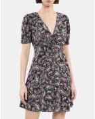 Robe courte imprimée avec boutonnage en soie noire et rouge