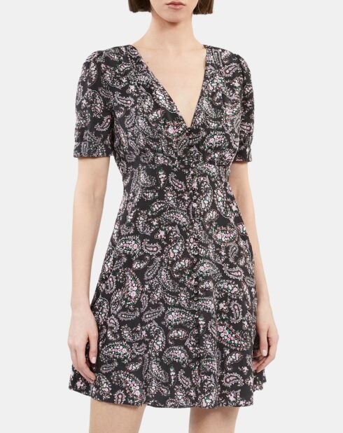 Robe courte imprimée avec boutonnage en soie noire et rouge