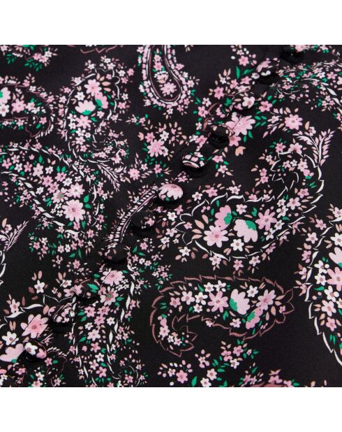 Robe courte imprimée avec boutonnage en soie noire et rouge
