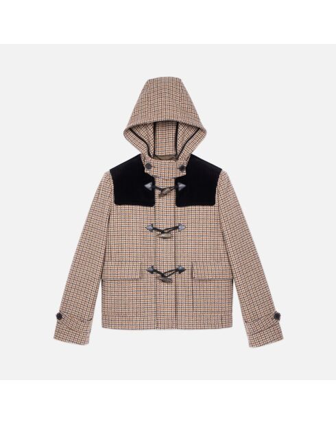 Caban à capuche pied de poule beige