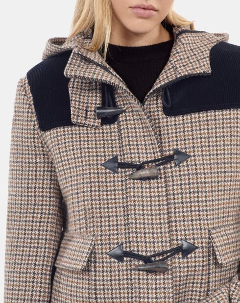 Caban à capuche pied de poule beige