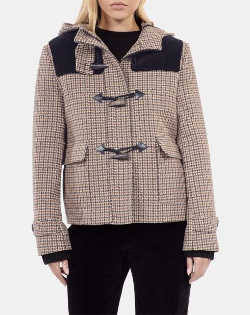 Caban à capuche pied de poule beige