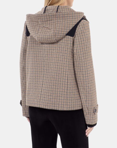 Caban à capuche pied de poule beige