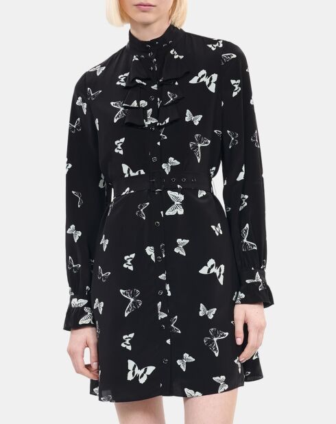Robe courte imprimée papillons noire et blanche