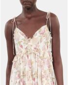 Robe courte avec imprimé fleuri en soie beige , rouge