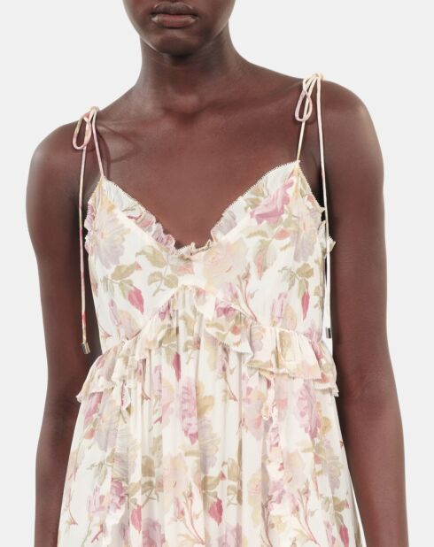 Robe courte avec imprimé fleuri en soie beige , rouge