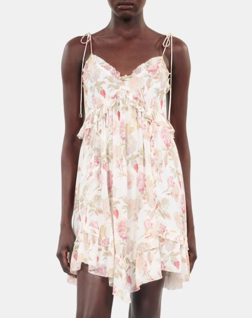 Robe courte avec imprimé fleuri en soie beige , rouge