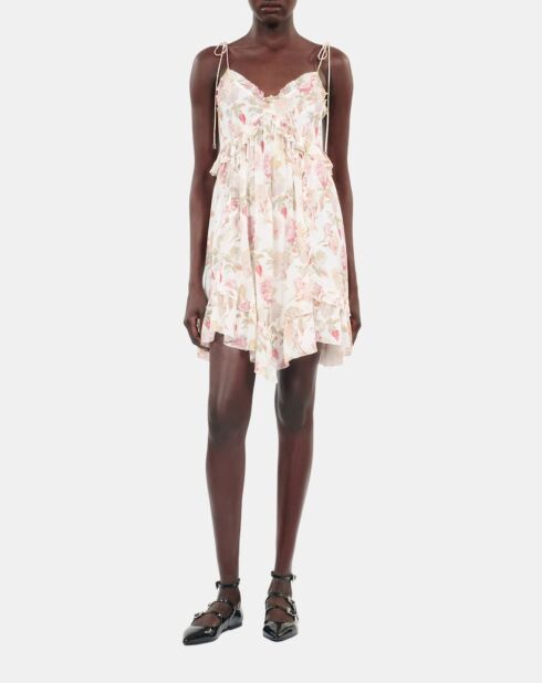 Robe courte avec imprimé fleuri en soie beige , rouge