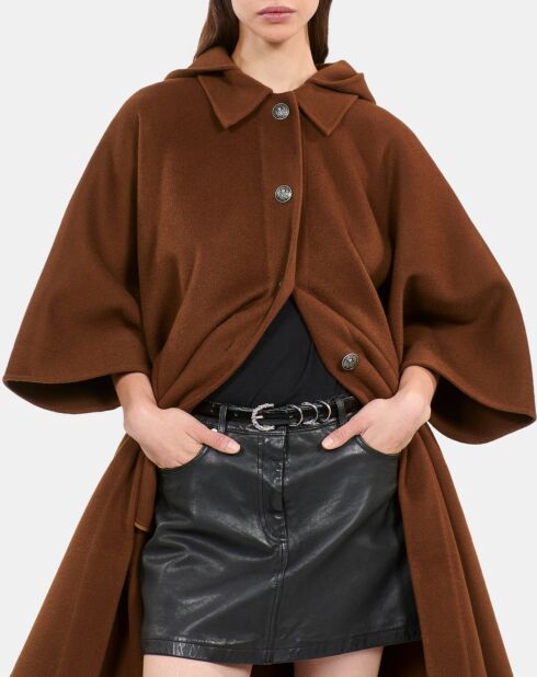 Cape longue à capuche en laine mélangée marron