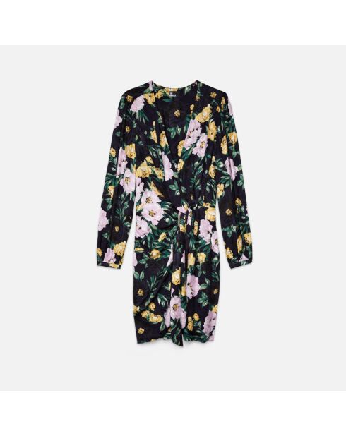 Robe courte fleurie avec drapé rose clair et bleu marine