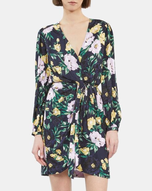 Robe courte fleurie avec drapé rose clair et bleu marine