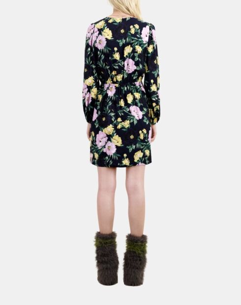 Robe courte fleurie avec drapé rose clair et bleu marine