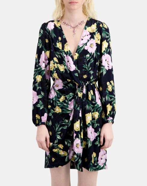 Robe courte fleurie avec drapé rose clair et bleu marine