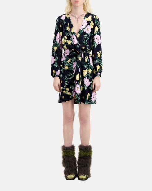 Robe courte fleurie avec drapé rose clair et bleu marine