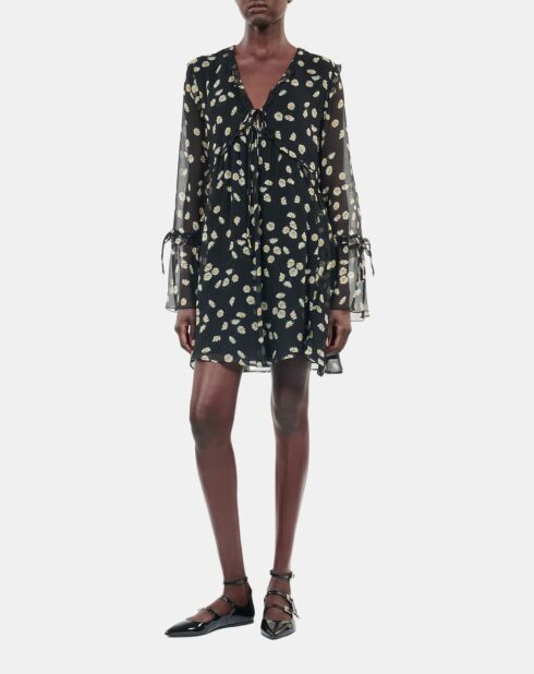 Robe courte avec imprimé fleuri en soie noire et blanche