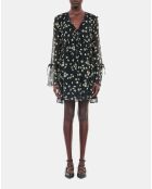 Robe courte avec imprimé fleuri en soie noire et blanche