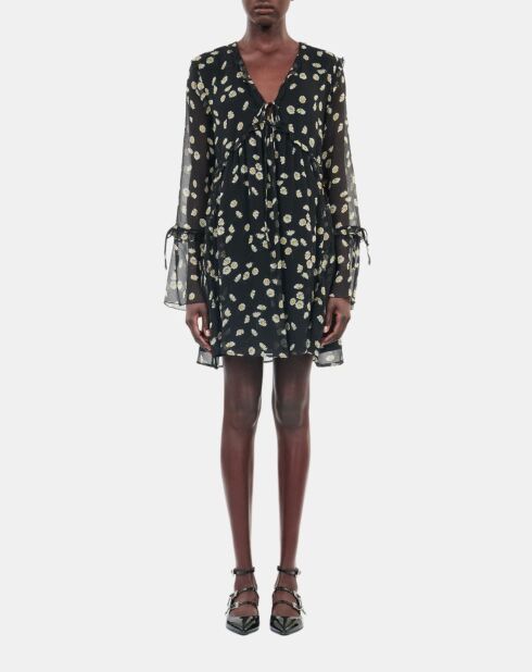 Robe courte avec imprimé fleuri en soie noire et blanche