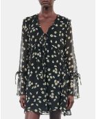 Robe courte avec imprimé fleuri en soie noire et blanche