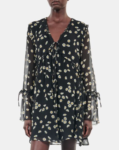 Robe courte avec imprimé fleuri en soie noire et blanche