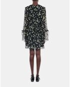 Robe courte avec imprimé fleuri en soie noire et blanche