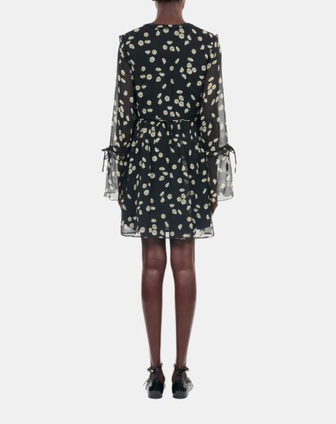 Robe courte avec imprimé fleuri en soie noire et blanche