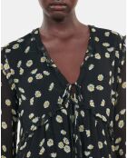 Robe courte avec imprimé fleuri en soie noire et blanche