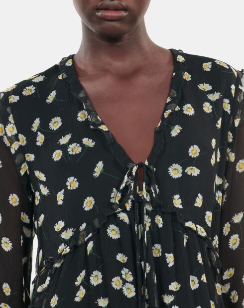 Robe courte avec imprimé fleuri en soie noire et blanche