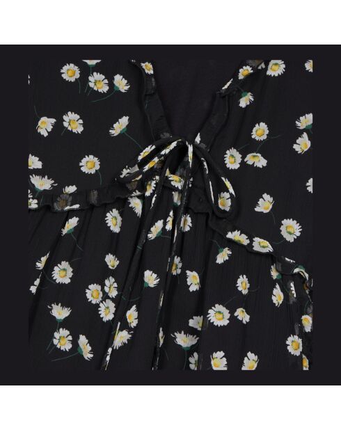 Robe courte avec imprimé fleuri en soie noire et blanche