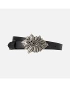 Ceinture fine en cuir avec boucle fleur noire