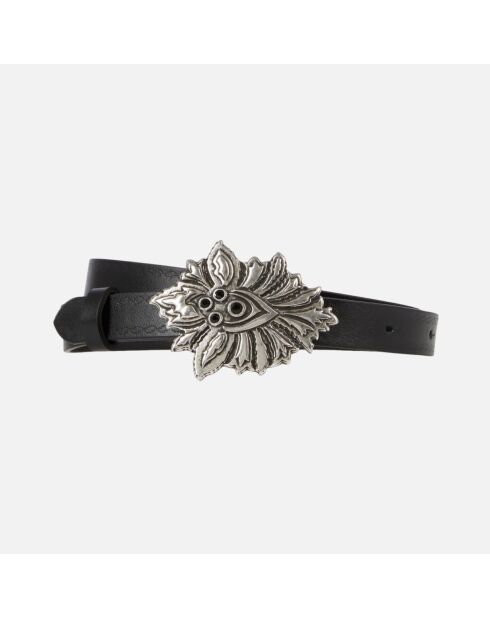 Ceinture fine en cuir avec boucle fleur noire