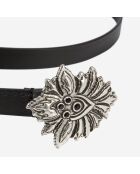 Ceinture fine en cuir avec boucle fleur noire