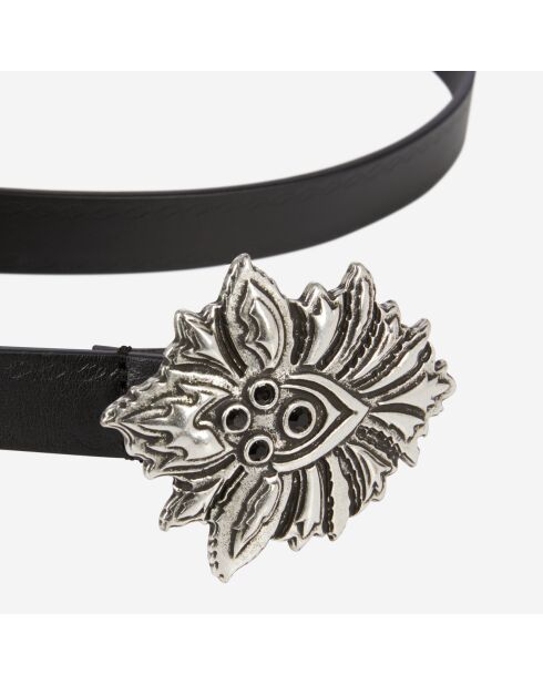 Ceinture fine en cuir avec boucle fleur noire