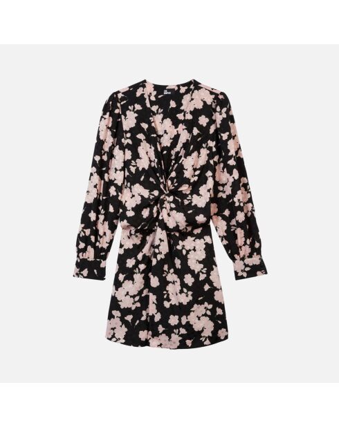 Robe longue fleurie avec drapé noire et rose