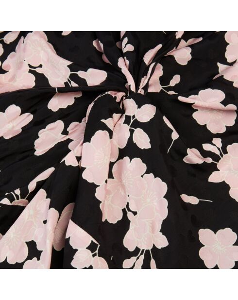 Robe longue fleurie avec drapé noire et rose