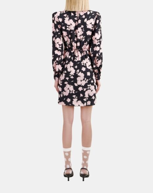 Robe longue fleurie avec drapé noire et rose