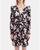 Robe longue fleurie avec drapé noire et rose