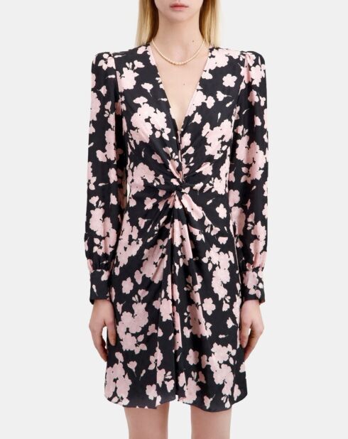 Robe longue fleurie avec drapé noire et rose