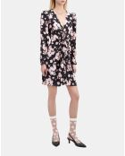 Robe longue fleurie avec drapé noire et rose