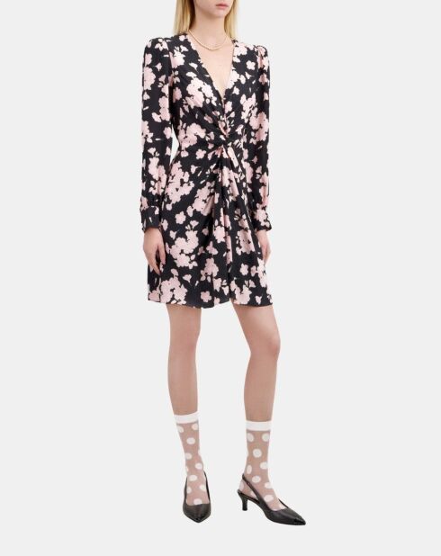 Robe longue fleurie avec drapé noire et rose