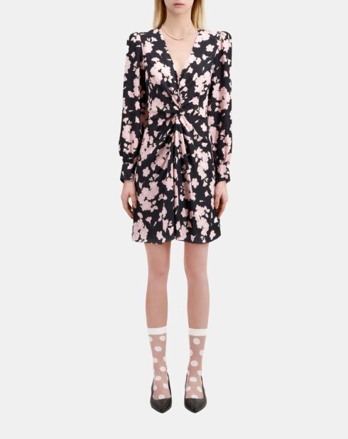 Robe longue fleurie avec drapé noire et rose