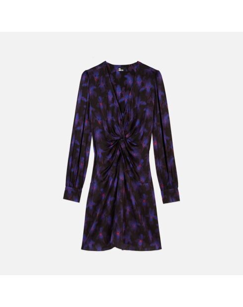 Robe courte fleurie avec drapé noire, rose clair et bleue