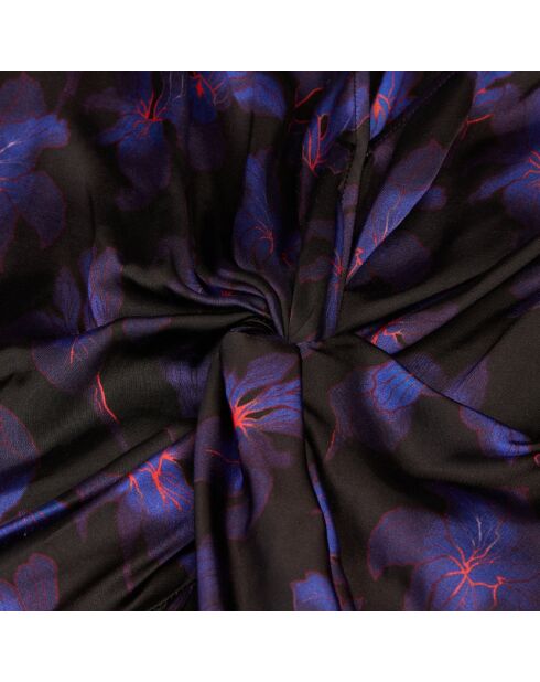 Robe courte fleurie avec drapé noire, rose clair et bleue