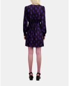 Robe courte fleurie avec drapé noire, rose clair et bleue