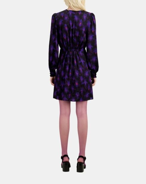 Robe courte fleurie avec drapé noire, rose clair et bleue