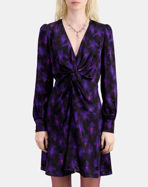 Robe courte fleurie avec drapé noire, rose clair et bleue